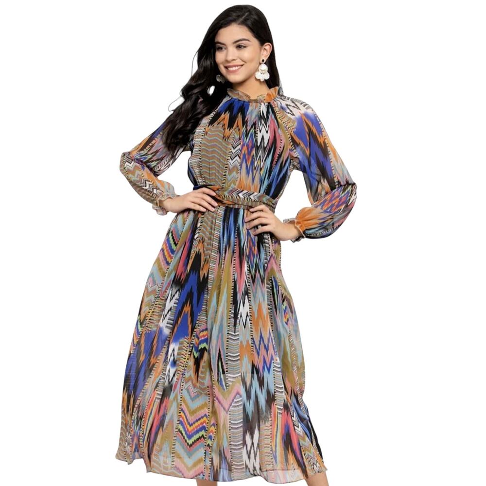 Kassually Womens size Large Flowy Sheer Boho Colorful Artsy Abstract Print Dress
